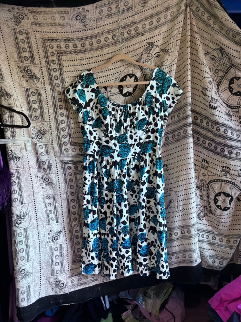 Unique Vintage White Dress With Black & Blue Floral Print Fit & Flare Size XL